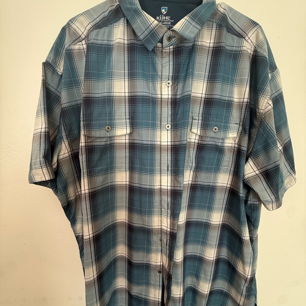 Kuhl Men's Teal and White Plaid Button Down Shirt